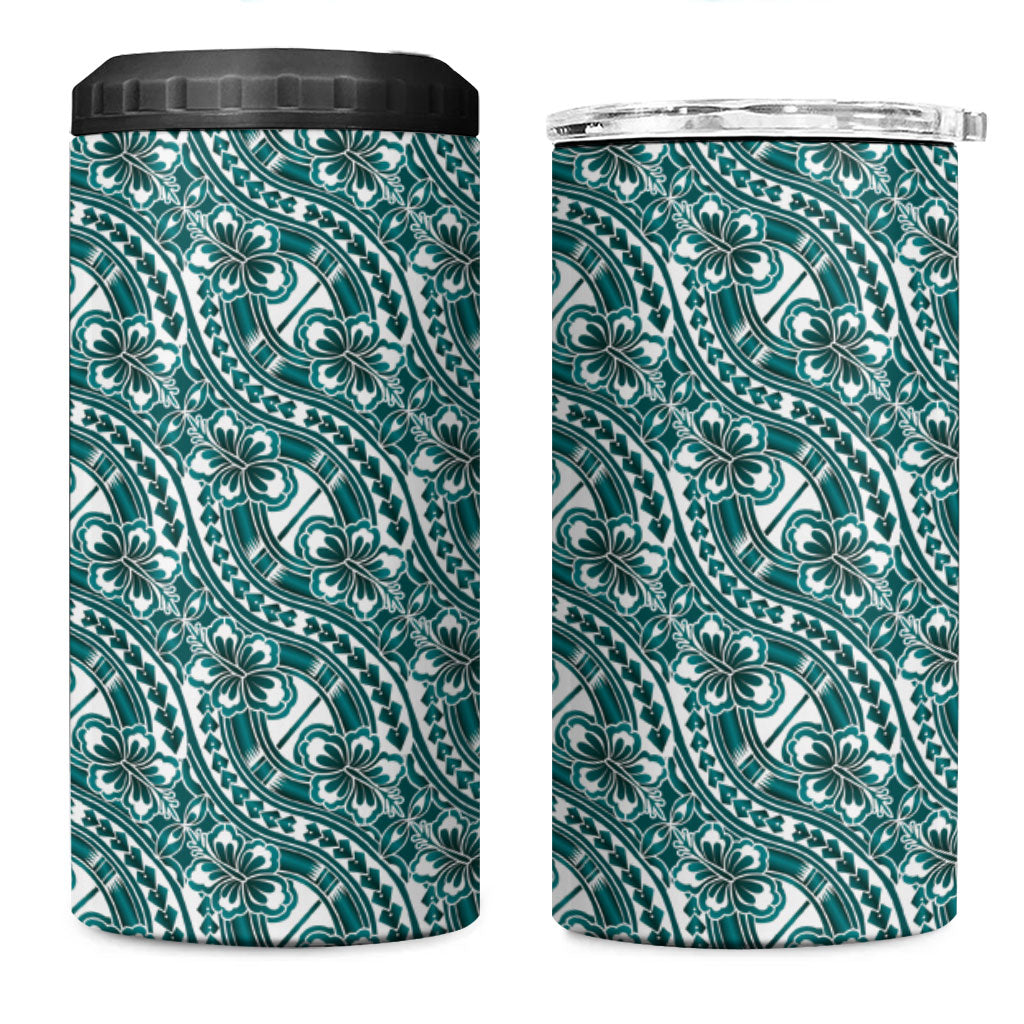 Hibiscus Bloom Island Tribal Waves 4 in 1 Can Cooler Tumbler Teal Polynesian Pattern