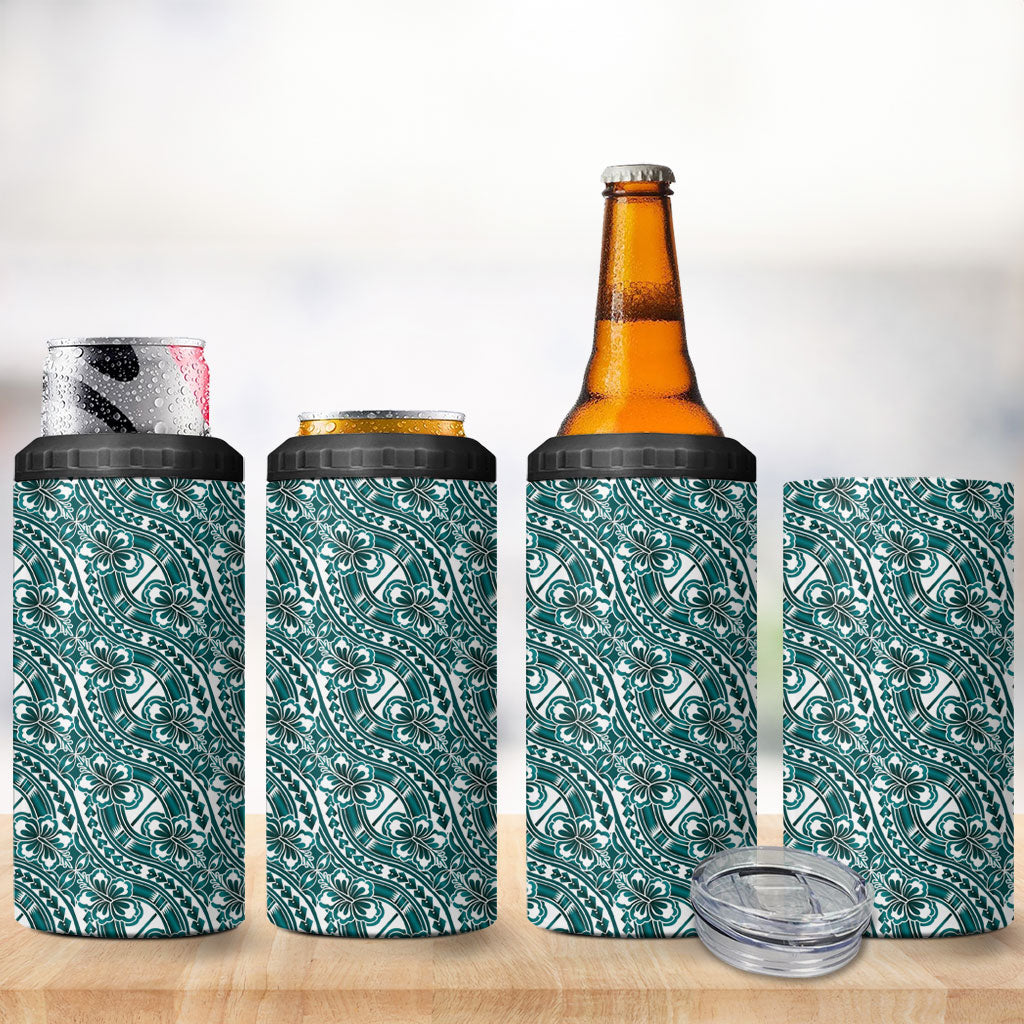 Hibiscus Bloom Island Tribal Waves 4 in 1 Can Cooler Tumbler Teal Polynesian Pattern