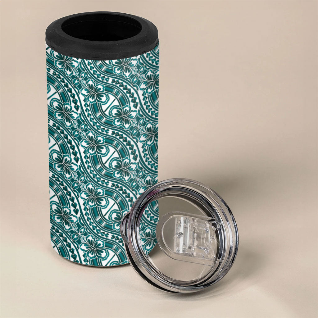 Hibiscus Bloom Island Tribal Waves 4 in 1 Can Cooler Tumbler Teal Polynesian Pattern
