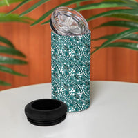 Hibiscus Bloom Island Tribal Waves 4 in 1 Can Cooler Tumbler Teal Polynesian Pattern