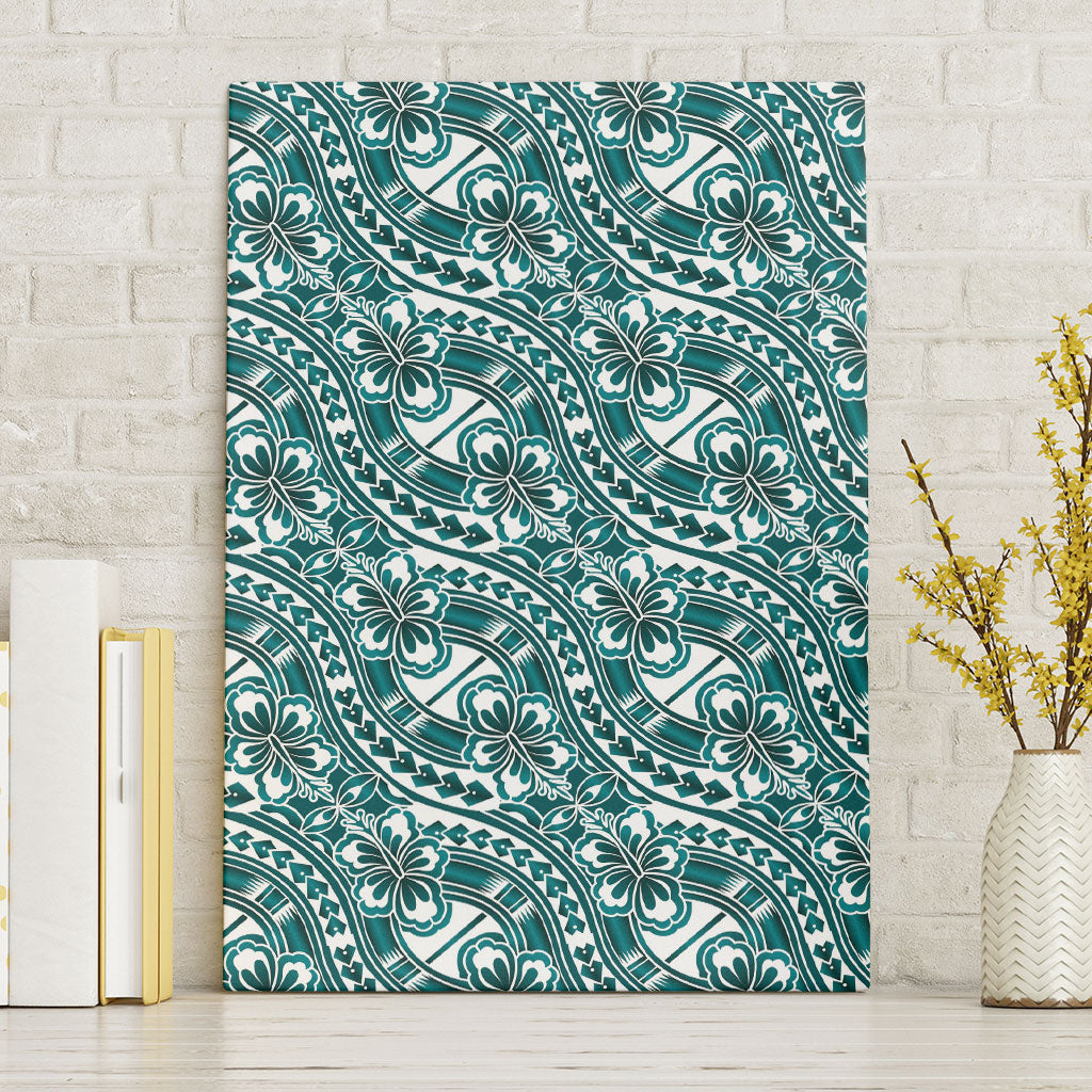 Hibiscus Bloom Island Tribal Waves Canvas Wall Art Teal Polynesian Pattern