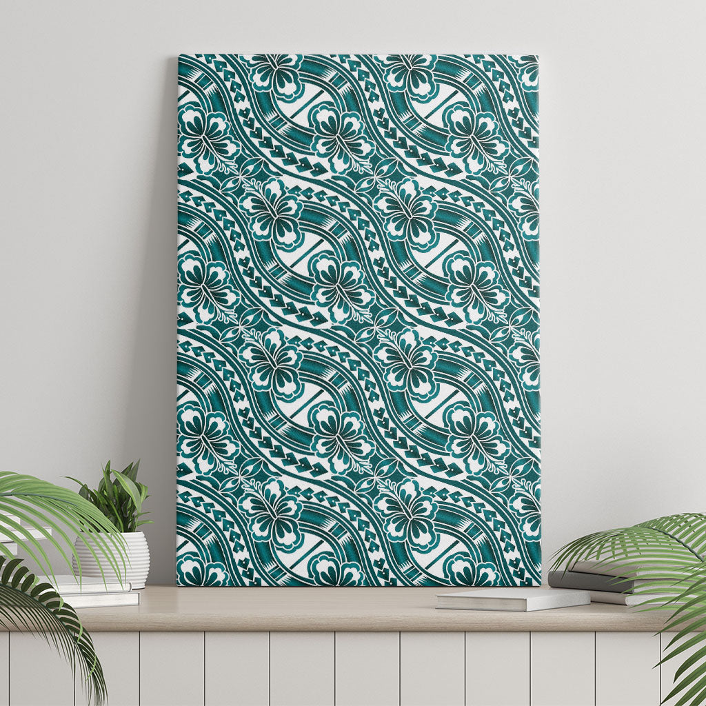 Hibiscus Bloom Island Tribal Waves Canvas Wall Art Teal Polynesian Pattern
