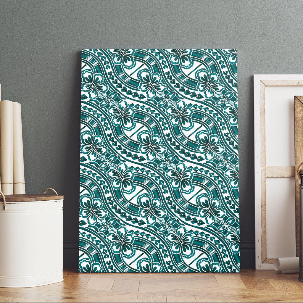 Hibiscus Bloom Island Tribal Waves Canvas Wall Art Teal Polynesian Pattern