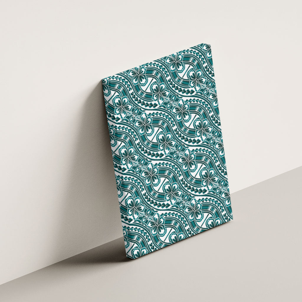 Hibiscus Bloom Island Tribal Waves Canvas Wall Art Teal Polynesian Pattern