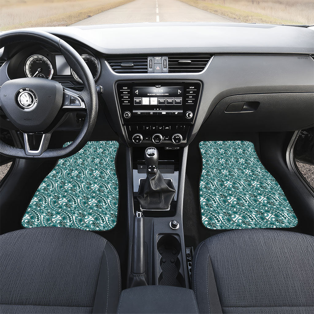 Hibiscus Bloom Island Tribal Waves Car Mats Teal Polynesian Pattern