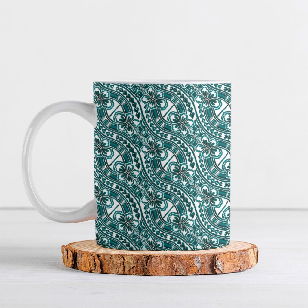 Hibiscus Bloom Island Tribal Waves Ceramic Mug Teal Polynesian Pattern