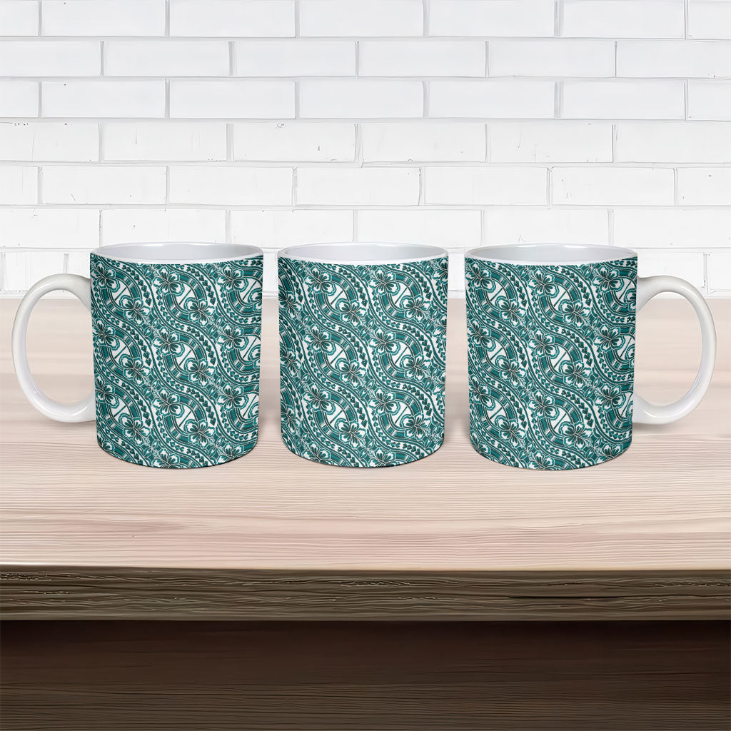 Hibiscus Bloom Island Tribal Waves Ceramic Mug Teal Polynesian Pattern