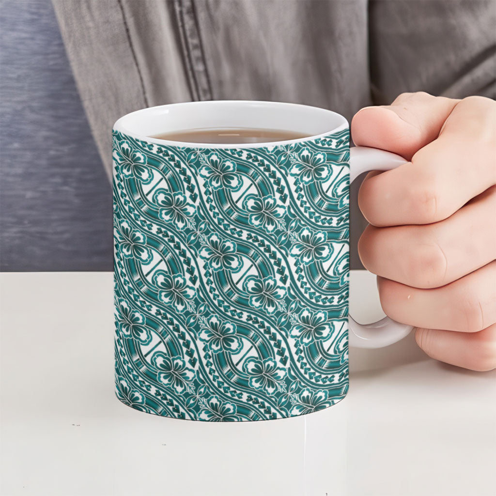 Hibiscus Bloom Island Tribal Waves Ceramic Mug Teal Polynesian Pattern