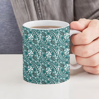 Hibiscus Bloom Island Tribal Waves Ceramic Mug Teal Polynesian Pattern