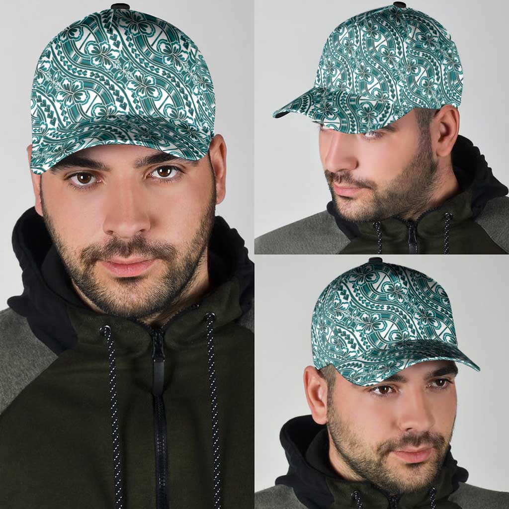 Hibiscus Bloom Island Tribal Waves Classic Cap Teal Polynesian Pattern