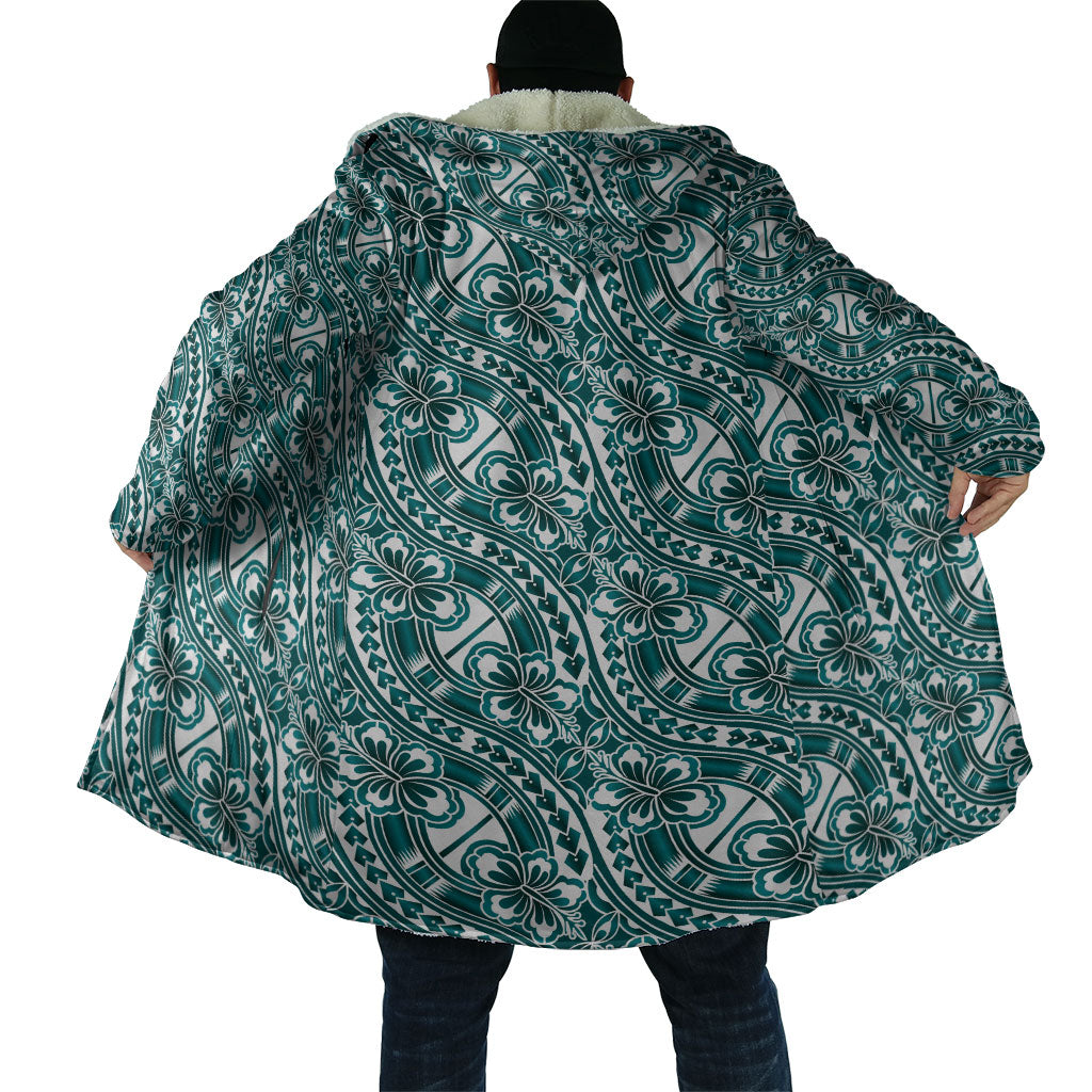 Hibiscus Bloom Island Tribal Waves Cloak Teal Polynesian Pattern