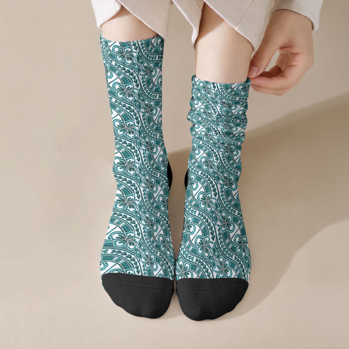 Hibiscus Bloom Island Tribal Waves Crew Socks Teal Polynesian Pattern
