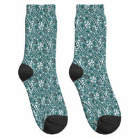 Hibiscus Bloom Island Tribal Waves Crew Socks Teal Polynesian Pattern