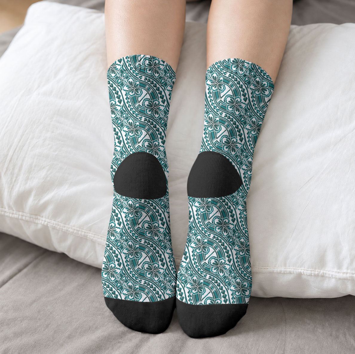 Hibiscus Bloom Island Tribal Waves Crew Socks Teal Polynesian Pattern