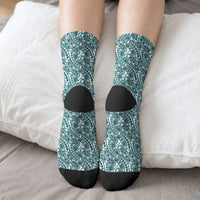 Hibiscus Bloom Island Tribal Waves Crew Socks Teal Polynesian Pattern