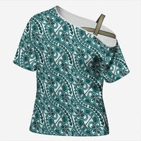 Hibiscus Bloom Island Tribal Waves Cross Shoulder Shirt Teal Polynesian Pattern