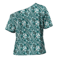 Hibiscus Bloom Island Tribal Waves Cross Shoulder Shirt Teal Polynesian Pattern