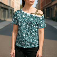 Hibiscus Bloom Island Tribal Waves Cross Shoulder Shirt Teal Polynesian Pattern