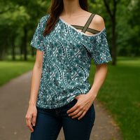Hibiscus Bloom Island Tribal Waves Cross Shoulder Shirt Teal Polynesian Pattern