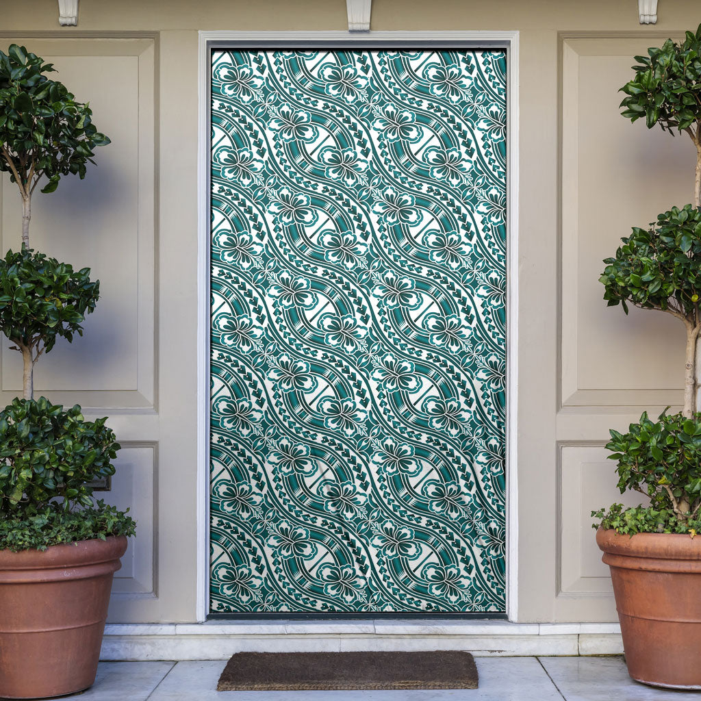 Hibiscus Bloom Island Tribal Waves Door Cover Teal Polynesian Pattern