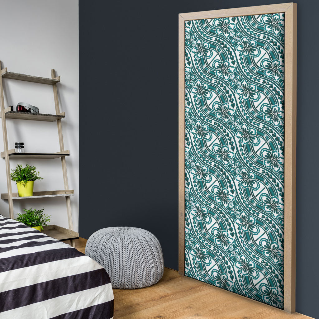 Hibiscus Bloom Island Tribal Waves Door Cover Teal Polynesian Pattern