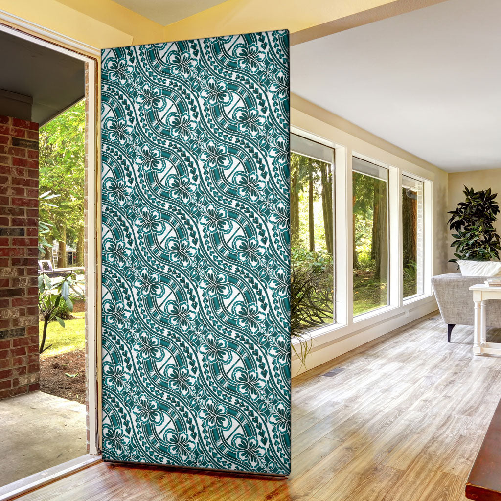 Hibiscus Bloom Island Tribal Waves Door Cover Teal Polynesian Pattern