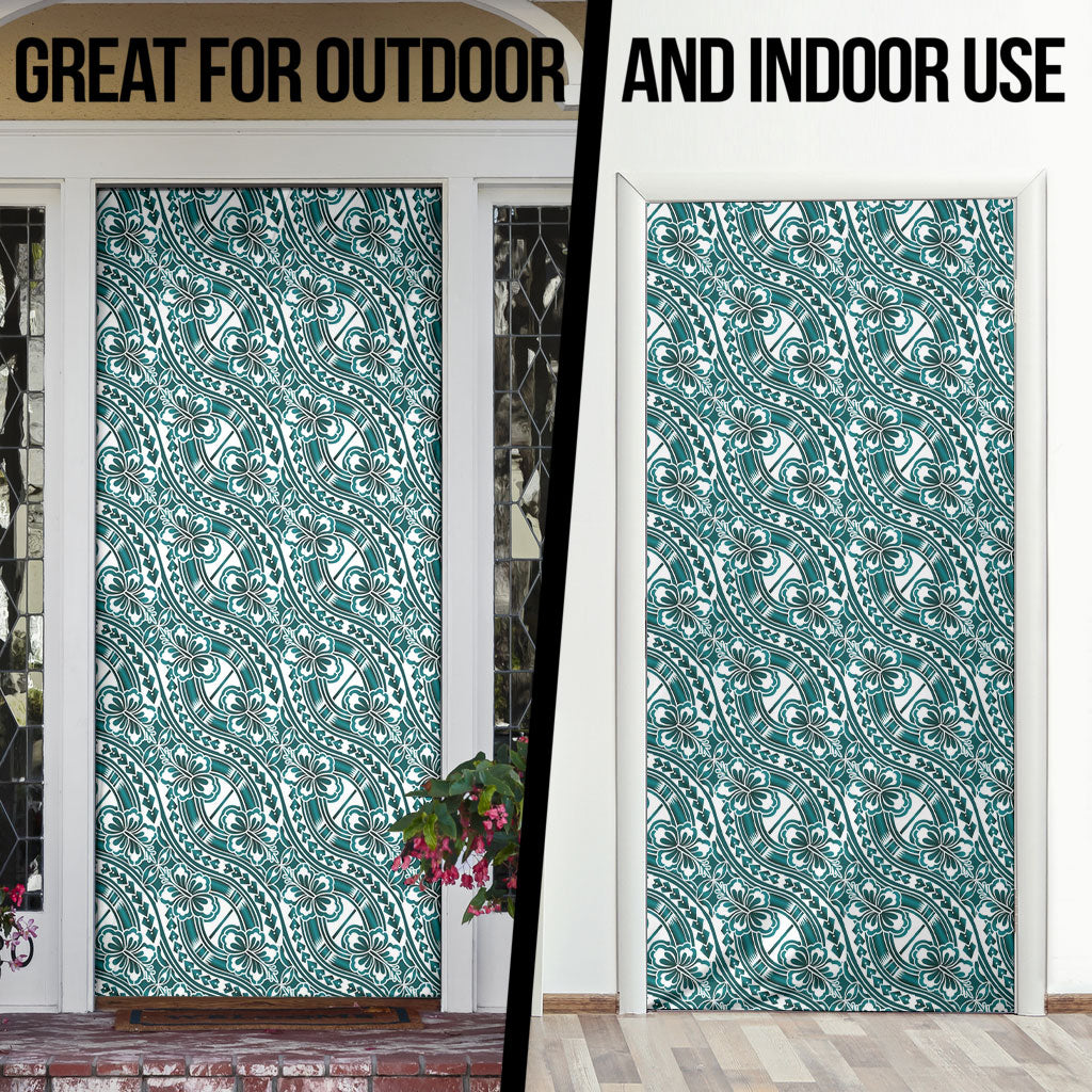 Hibiscus Bloom Island Tribal Waves Door Cover Teal Polynesian Pattern