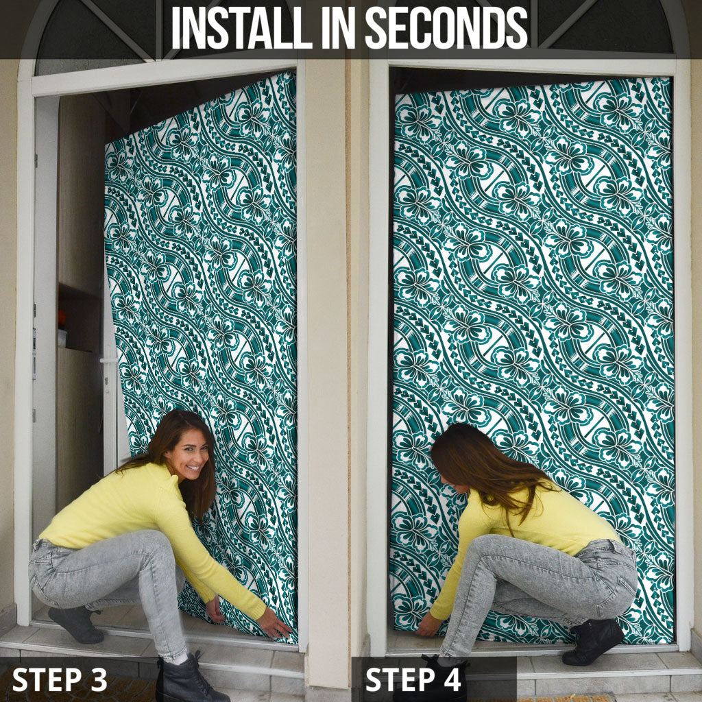 Hibiscus Bloom Island Tribal Waves Door Cover Teal Polynesian Pattern