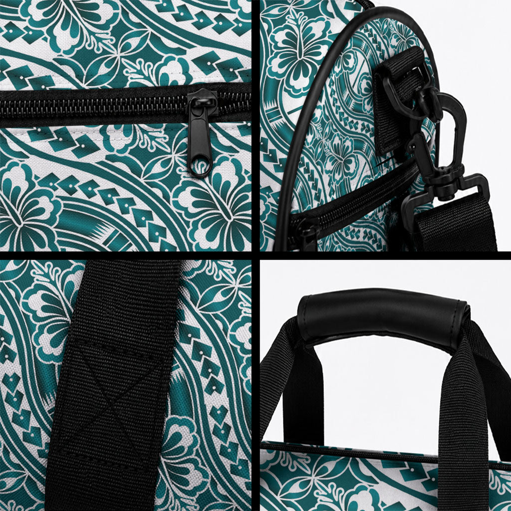 Hibiscus Bloom Island Tribal Waves Duffle Bag Teal Polynesian Pattern