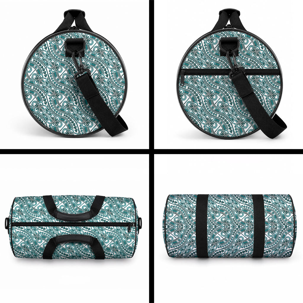 Hibiscus Bloom Island Tribal Waves Duffle Bag Teal Polynesian Pattern