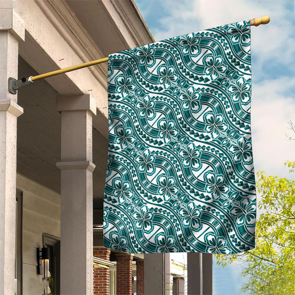 Hibiscus Bloom Island Tribal Waves Garden Flag Teal Polynesian Pattern