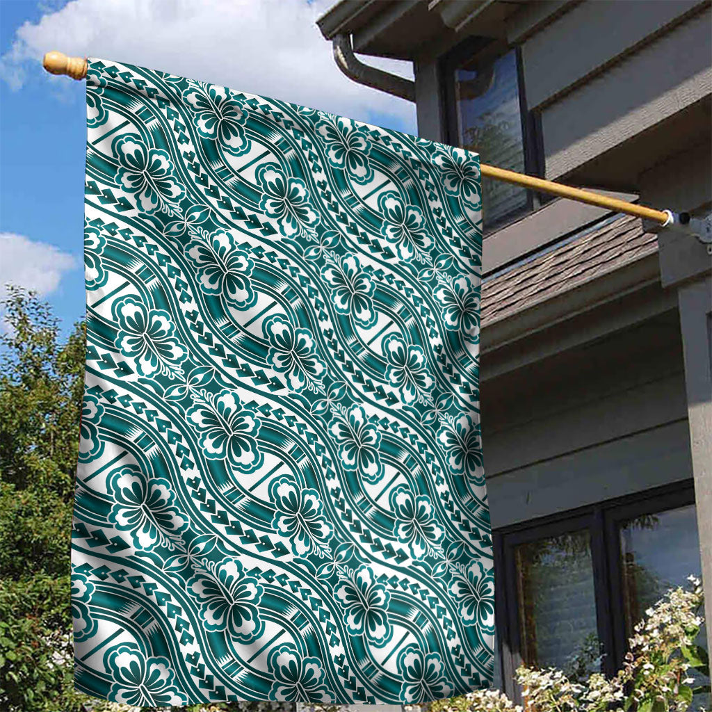 Hibiscus Bloom Island Tribal Waves Garden Flag Teal Polynesian Pattern