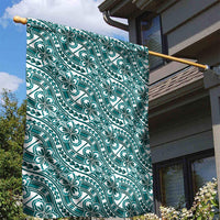 Hibiscus Bloom Island Tribal Waves Garden Flag Teal Polynesian Pattern