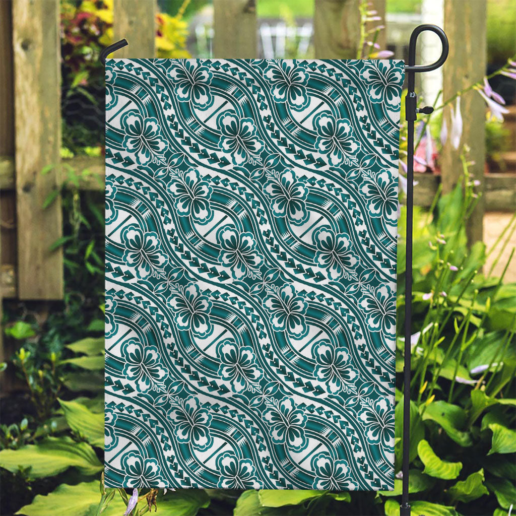 Hibiscus Bloom Island Tribal Waves Garden Flag Teal Polynesian Pattern