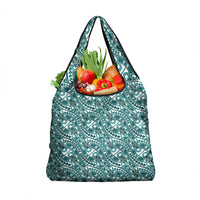 Hibiscus Bloom Island Tribal Waves Grocery Bag Teal Polynesian Pattern