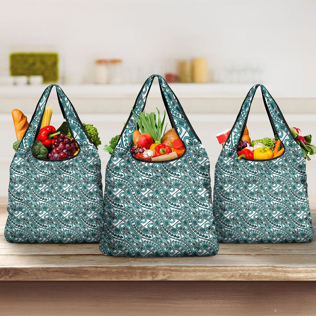Hibiscus Bloom Island Tribal Waves Grocery Bag Teal Polynesian Pattern