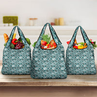 Hibiscus Bloom Island Tribal Waves Grocery Bag Teal Polynesian Pattern