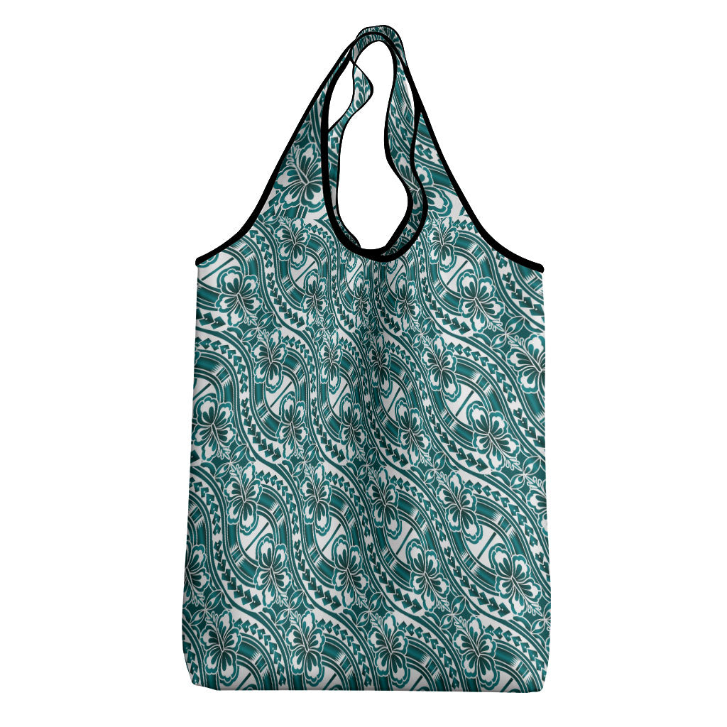 Hibiscus Bloom Island Tribal Waves Grocery Bag Teal Polynesian Pattern
