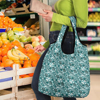 Hibiscus Bloom Island Tribal Waves Grocery Bag Teal Polynesian Pattern