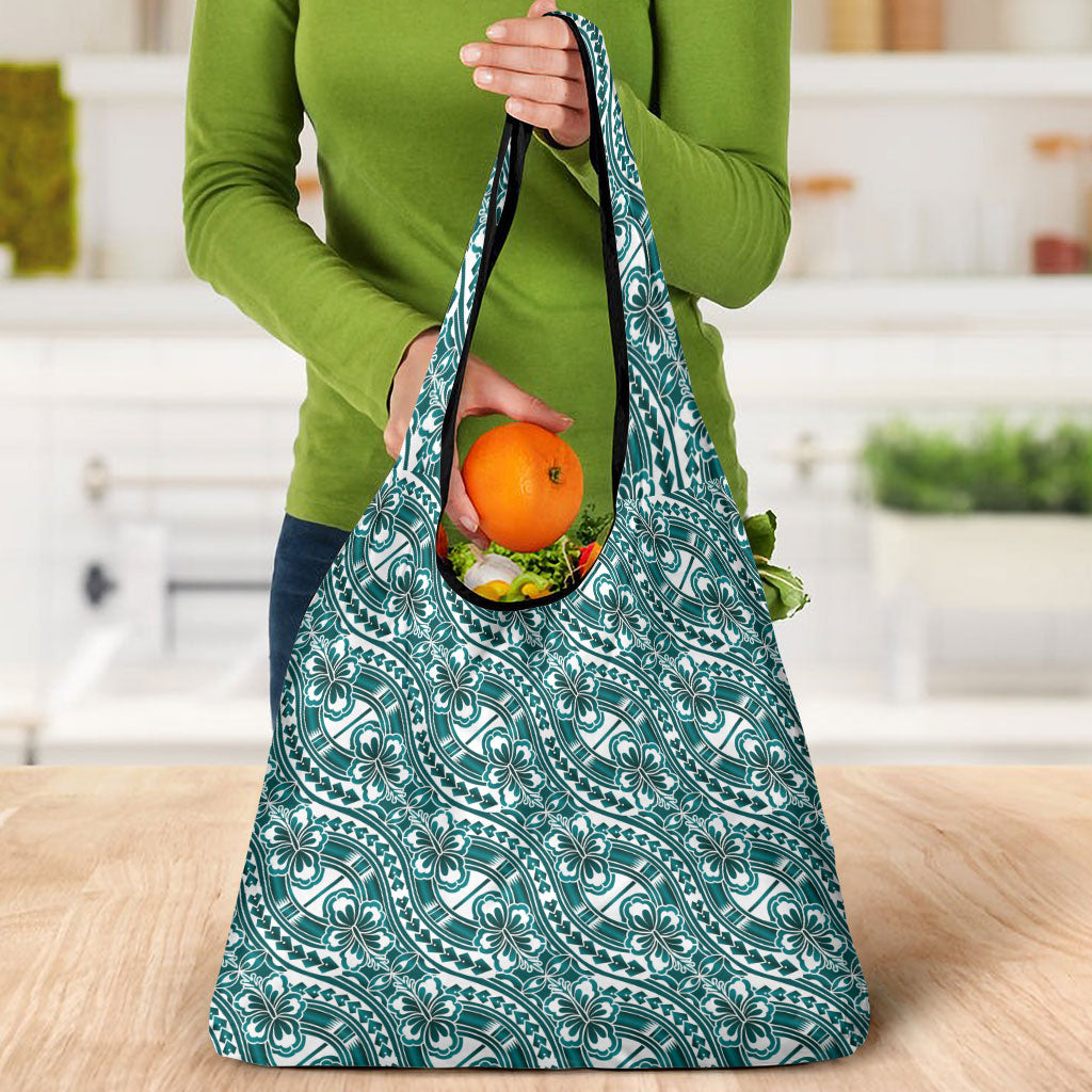 Hibiscus Bloom Island Tribal Waves Grocery Bag Teal Polynesian Pattern