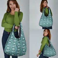 Hibiscus Bloom Island Tribal Waves Grocery Bag Teal Polynesian Pattern