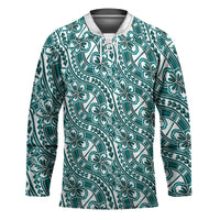 Hibiscus Bloom Island Tribal Waves Hockey Jersey Teal Polynesian Pattern