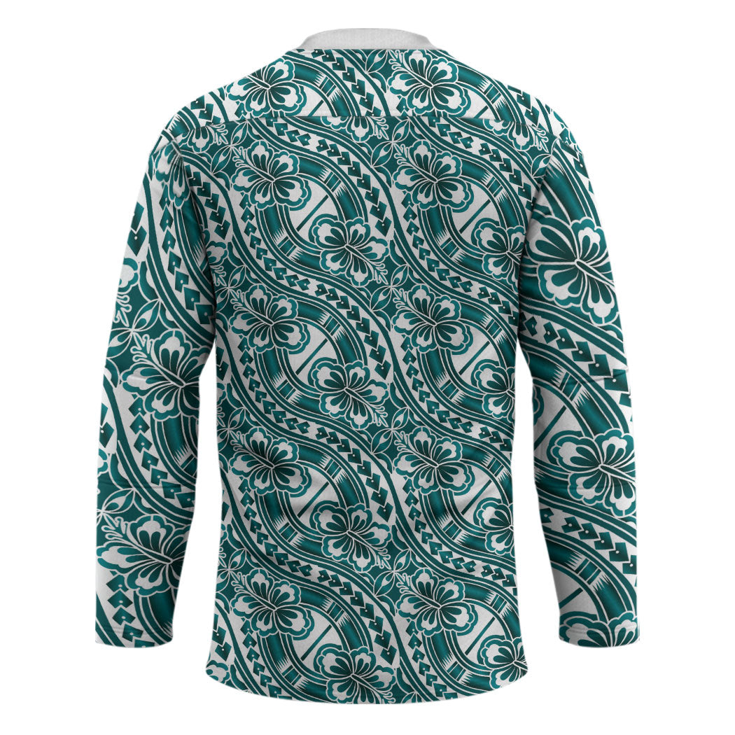 Hibiscus Bloom Island Tribal Waves Hockey Jersey Teal Polynesian Pattern