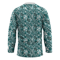 Hibiscus Bloom Island Tribal Waves Hockey Jersey Teal Polynesian Pattern