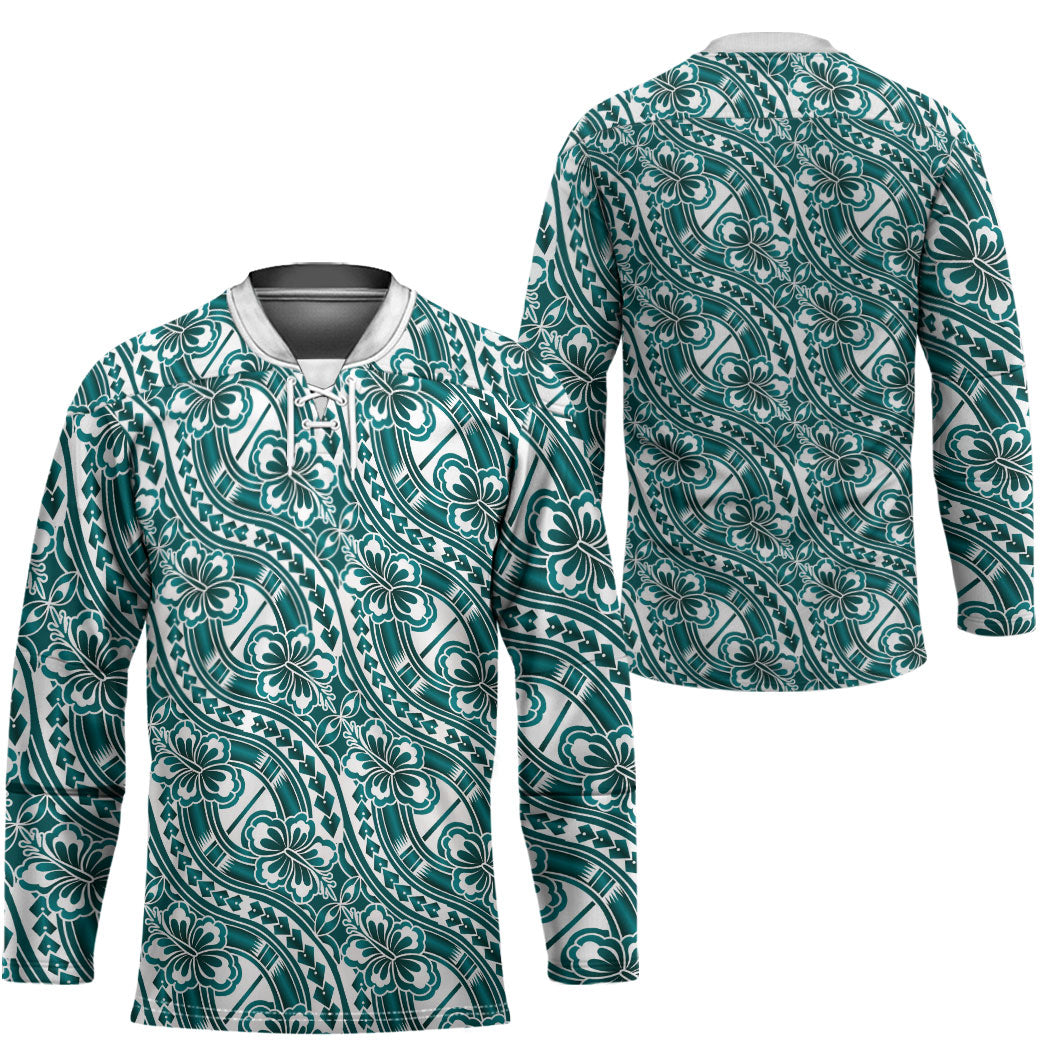 Hibiscus Bloom Island Tribal Waves Hockey Jersey Teal Polynesian Pattern