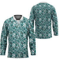 Hibiscus Bloom Island Tribal Waves Hockey Jersey Teal Polynesian Pattern