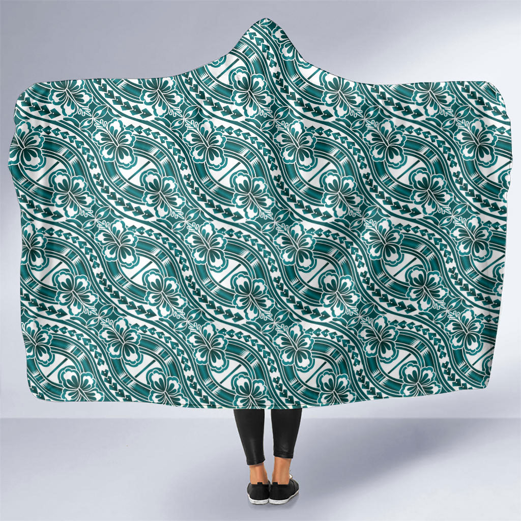 Hibiscus Bloom Island Tribal Waves Hooded Blanket Teal Polynesian Pattern