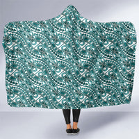 Hibiscus Bloom Island Tribal Waves Hooded Blanket Teal Polynesian Pattern