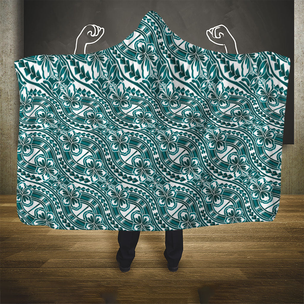 Hibiscus Bloom Island Tribal Waves Hooded Blanket Teal Polynesian Pattern