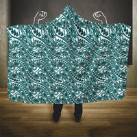 Hibiscus Bloom Island Tribal Waves Hooded Blanket Teal Polynesian Pattern
